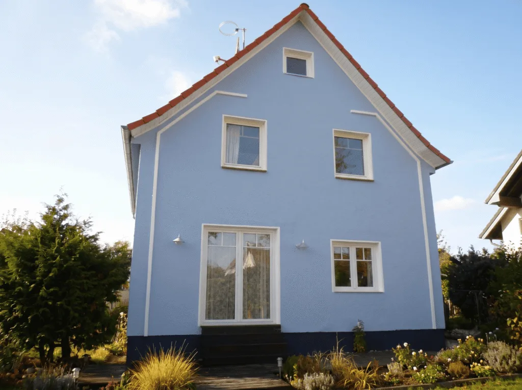 Malerarbeiten an einer blauen Hausfassade mit weißen Stuck-Zierprofilen und Fenstereinfassungen
